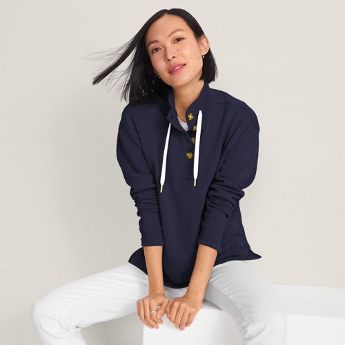 Serious Sweats Button Neck Sweatshirt, Women, size: XL, regular, Blue, Cotton-blend/Poly-blend, by Lands' End