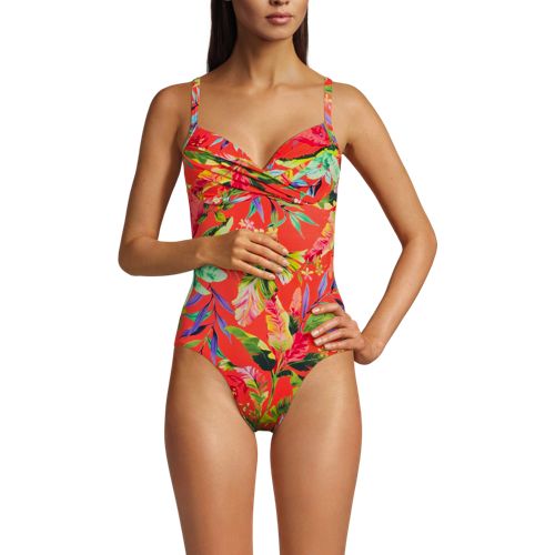  Lands' End Gemusterter Badeanzug Figurformer Mit Hohem Beinausschnitt, Damen, Größe:34 Regular, Orange, Nylon-mischung, By Lands' End 