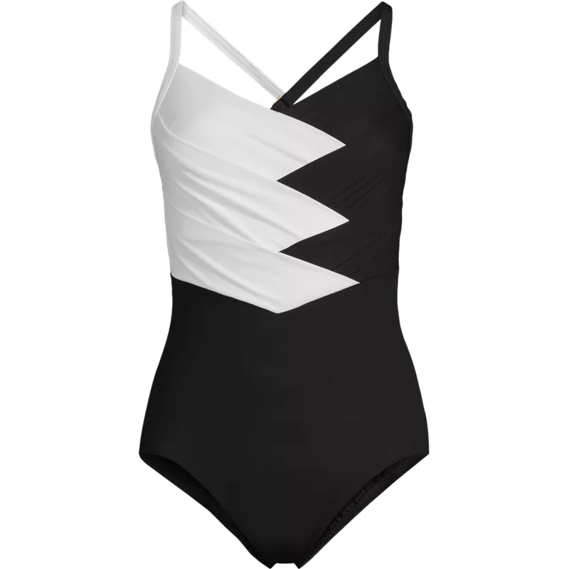 Women's Petite New SlenderSuit Pleated Low Leg One Piece Swimsuit, Front