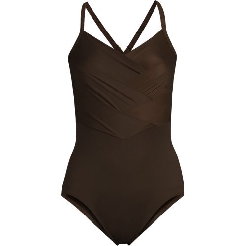 Lands' End Slendersuit Tummy Control V-neck Wrap One Piece Swimsuit in  Brown