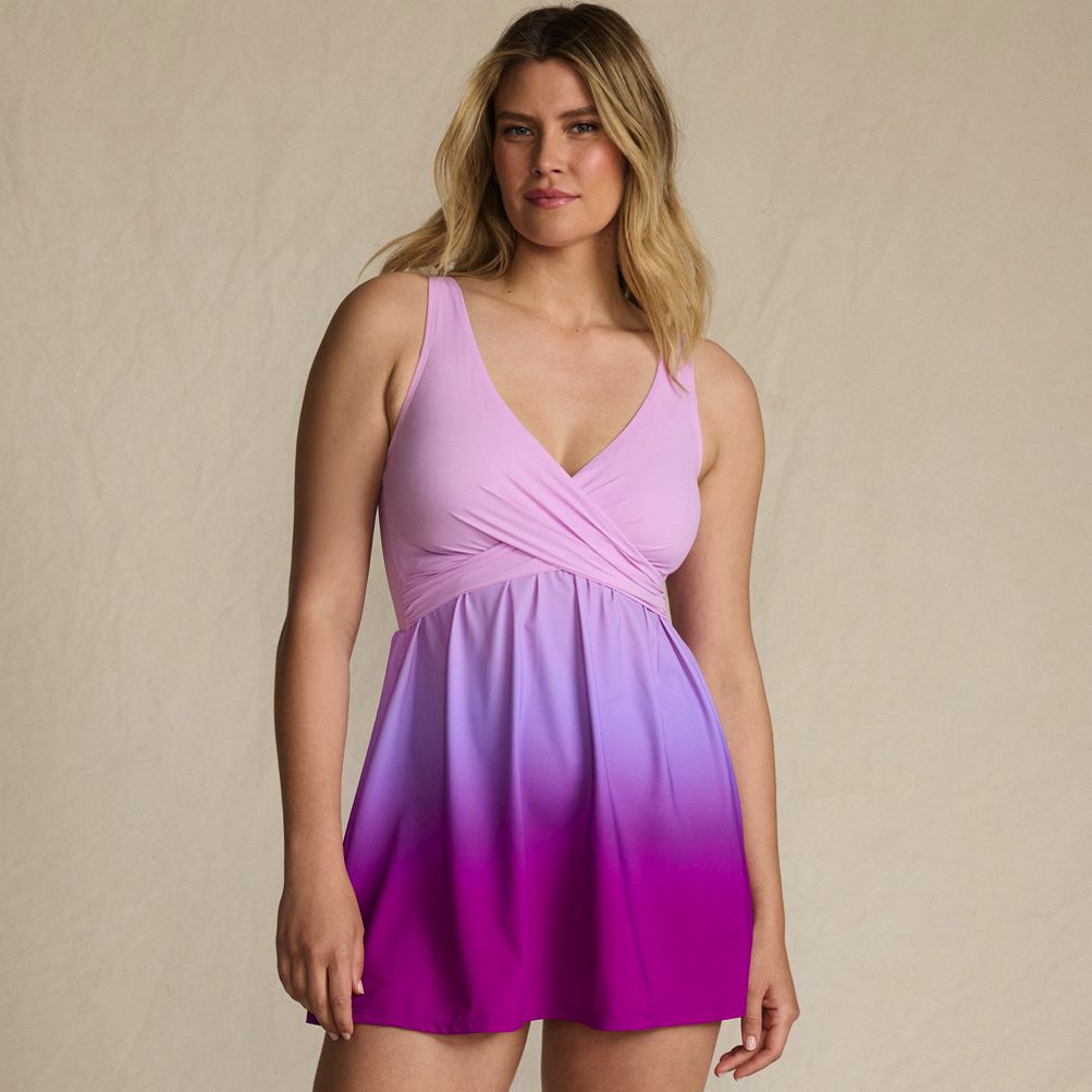 Lands' End Women's SlenderSuit Wrap Swim Dress Swimsuit - Crimson rose/purple Ombre - 12