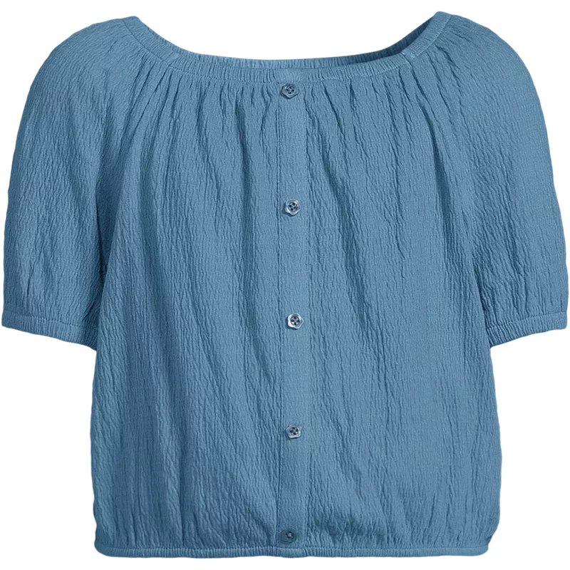 Girls Short Sleeve Knit Gauze Puff Sleeve Top, Front