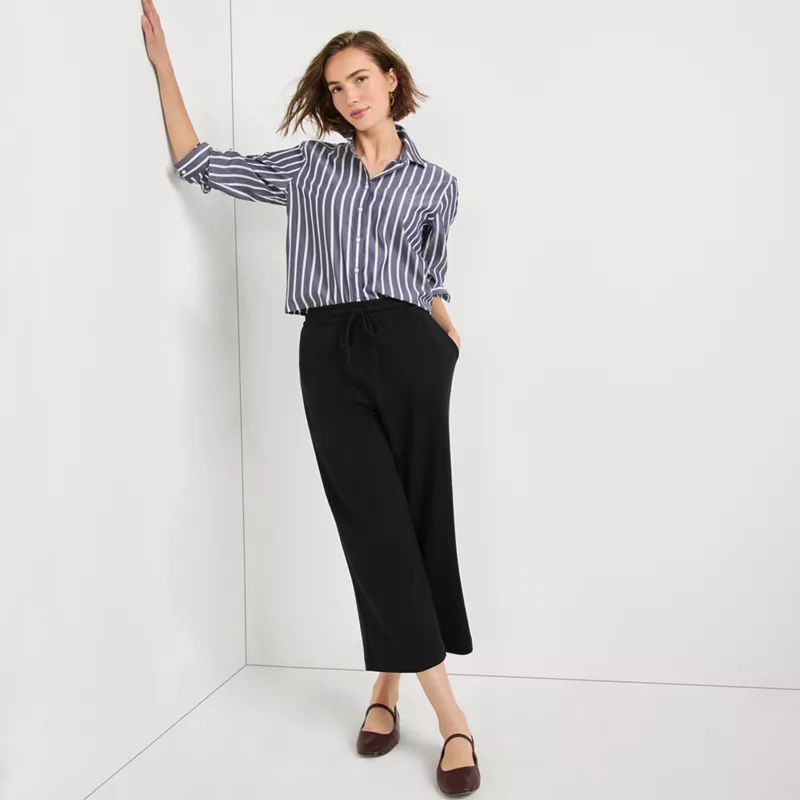 Women's Petite Sport Knit Elastic Waist Wide Leg Crop Pants, alternative image