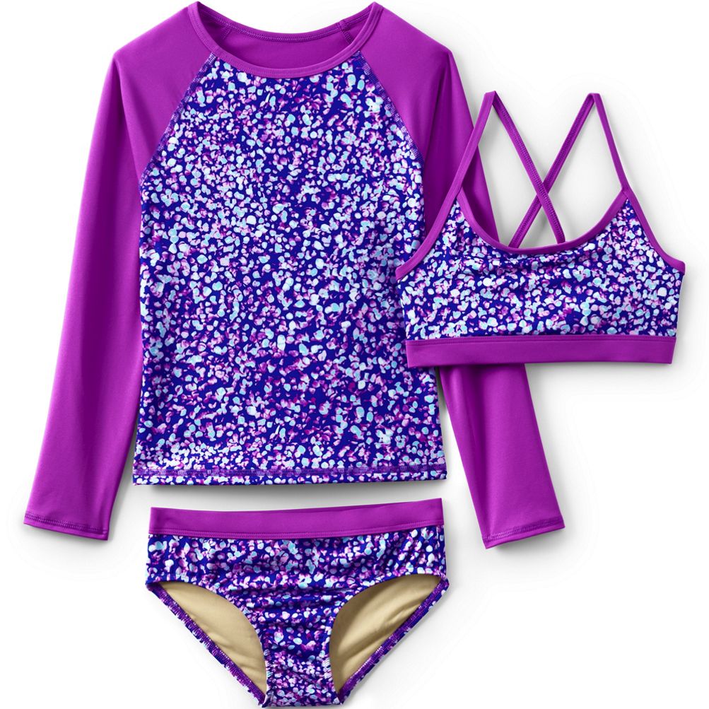 Girls Chlorine Resistant Rash Guard Swim Top Bikini Top and Bottoms UPF 50  Swimsuit Set