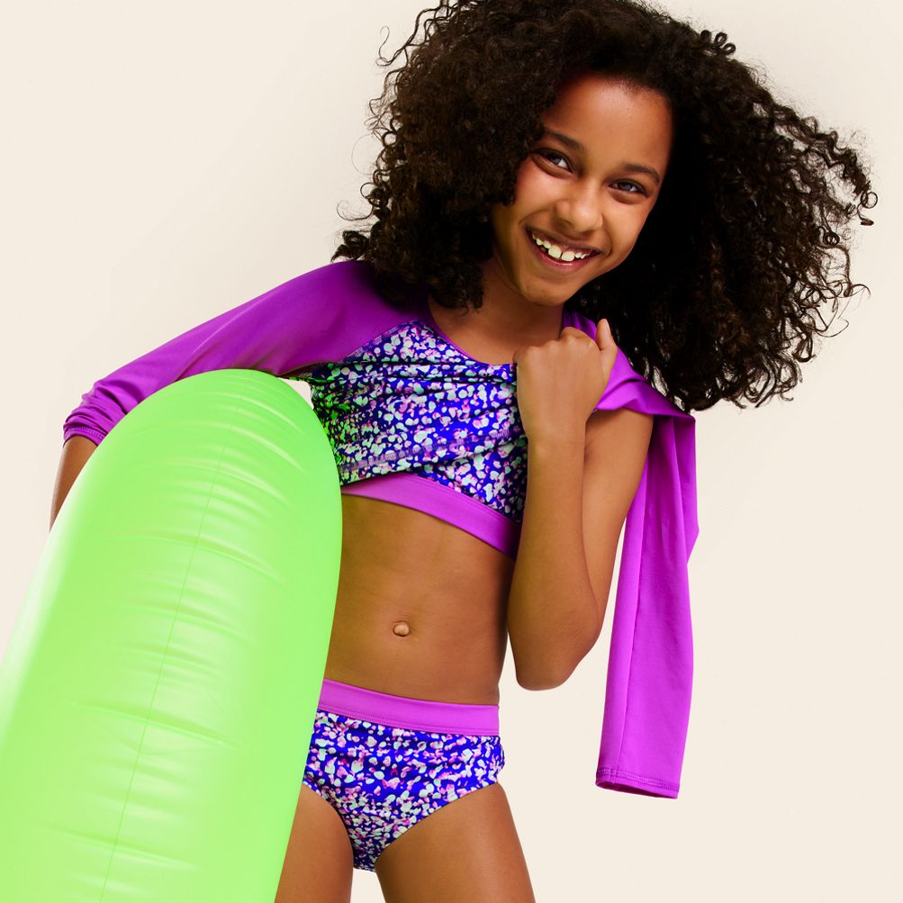 Girls Chlorine Resistant Rash Guard Swim Top Bikini Top and Bottoms UPF 50 Swimsuit Set Lands End