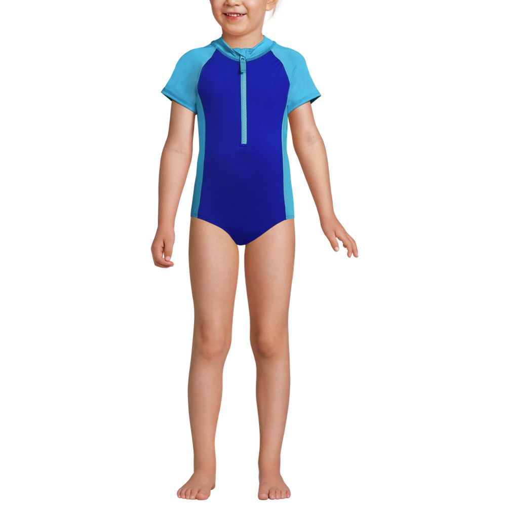 Girls Chlorine Resistant Short Sleeve One Piece Half Zip