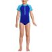 Girls Chlorine Resistant Short Sleeve One Piece Half Zip Swimsuit, Front