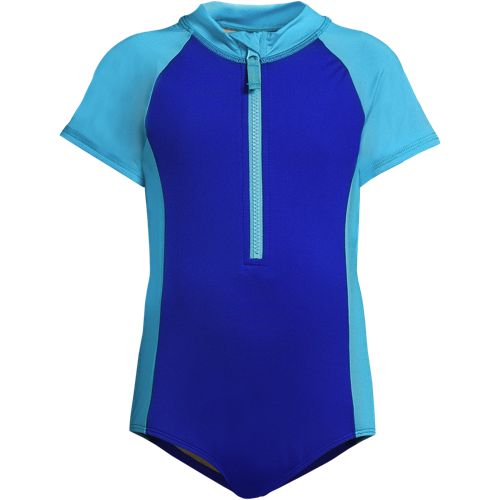 Girls Chlorine Resistant Short Sleeve One Piece Half Zip Swimsuit