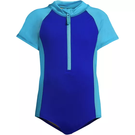 Girls Chlorine Resistant Short Sleeve One Piece Half Zip Swimsuit - primary