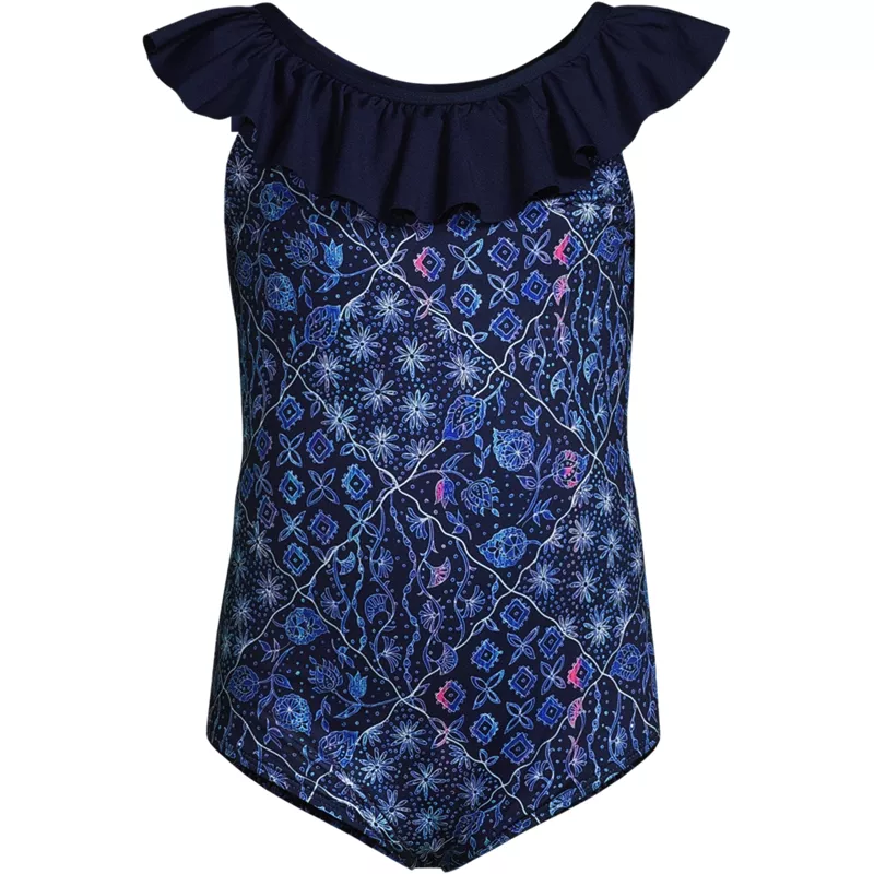 Girls Scoop Ruffle Neck One Piece Swimsuit, Front