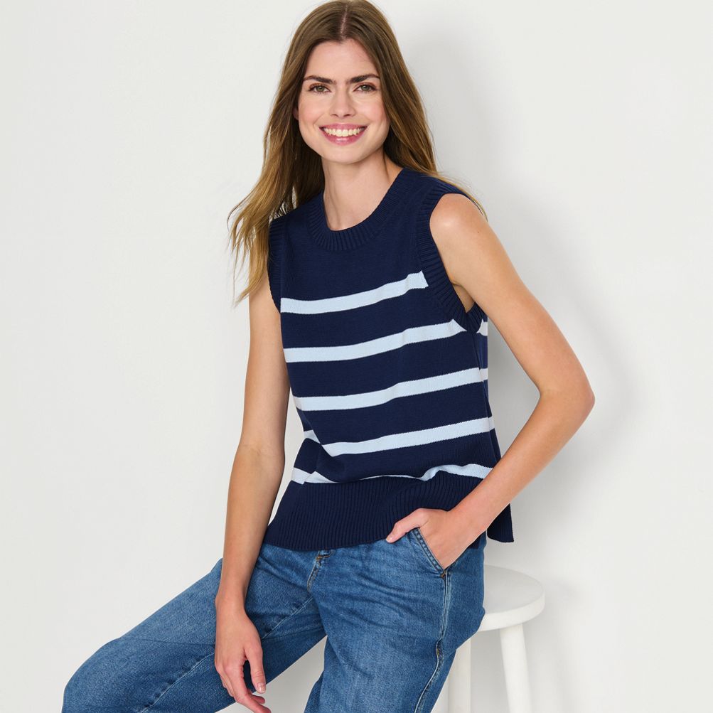 売れ筋商品|||ランズエンド ニット&セーター アウター レディース Women's Drifter Easy Vest Sweater Navy/soft blue breton stripe Women's Drifter Easy Vest Sweater | Lands' End
