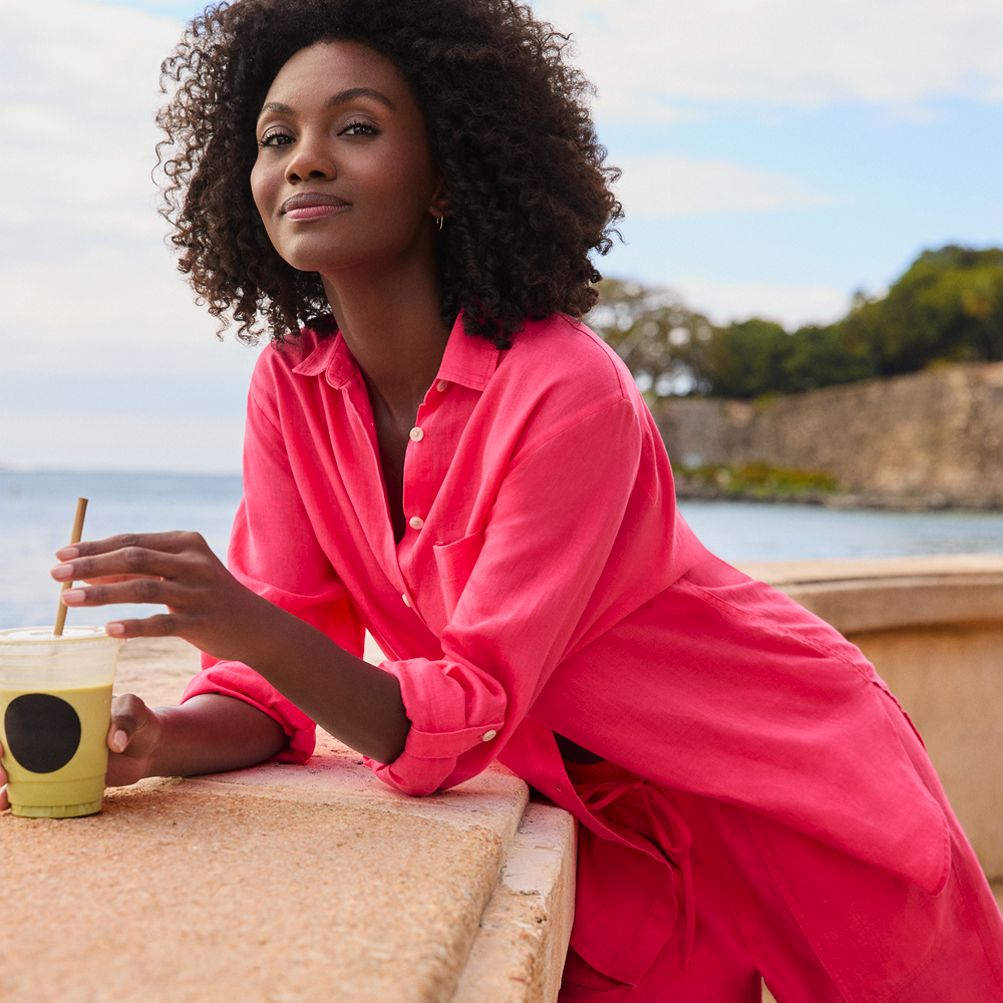 Women's Linen Roll Sleeve Oversized Relaxed Tunic Top