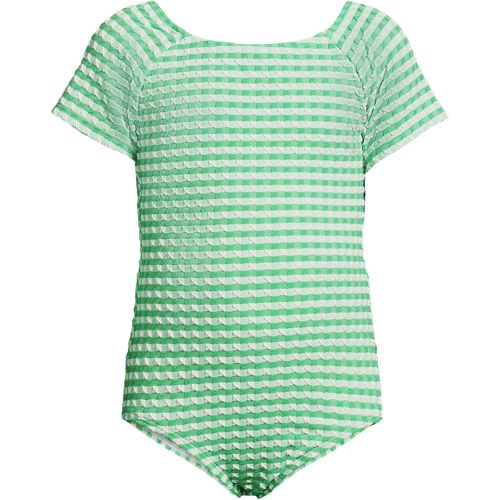 Girls Cap Sleeve Portrait One Piece Swimsuit Gingham