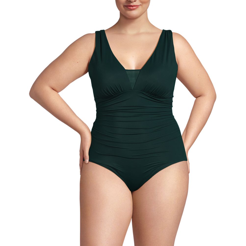 Lands' End Women's Plus Size SlenderSuit Grecian Tummy Control Chlorine  Resistant One Piece Swimsuit - 16W - Navy/Emerald Palm Foliage