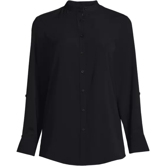Women's Poly Crepe Long Sleeve Stand Collar Button Down Blouse - primary