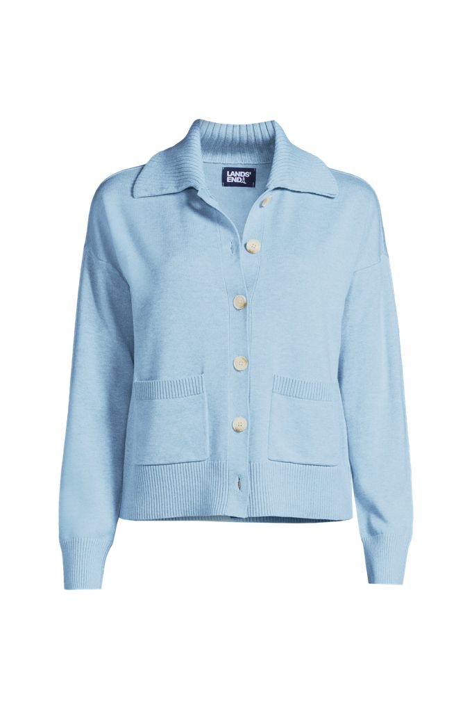 Lands' End Women's Cotton Modal Collared Rib Cardigan Sweater In Blue