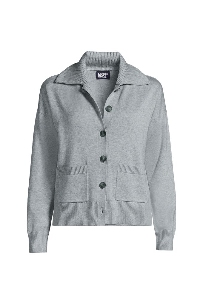 Lands' End Women's Cotton Modal Collared Rib Cardigan Sweater In Gray