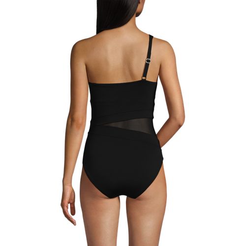  Lands' End One-shoulder Badeanzug, Leicht Straffend, Mit Netz-detail, Damen, Größe:42 Regular, Schwarz, Elasthan/nylon-mischung, By Lands' End 