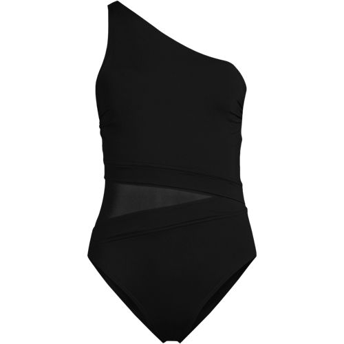  Lands' End One-shoulder Badeanzug, Leicht Straffend, Mit Netz-detail, Damen, Größe:42 Regular, Schwarz, Elasthan/nylon-mischung, By Lands' End 