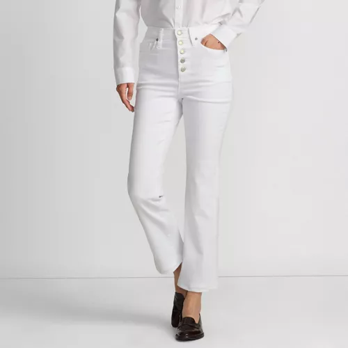 Women's High Rise Denim Button Front Kick Flare Crop Jeans, Front