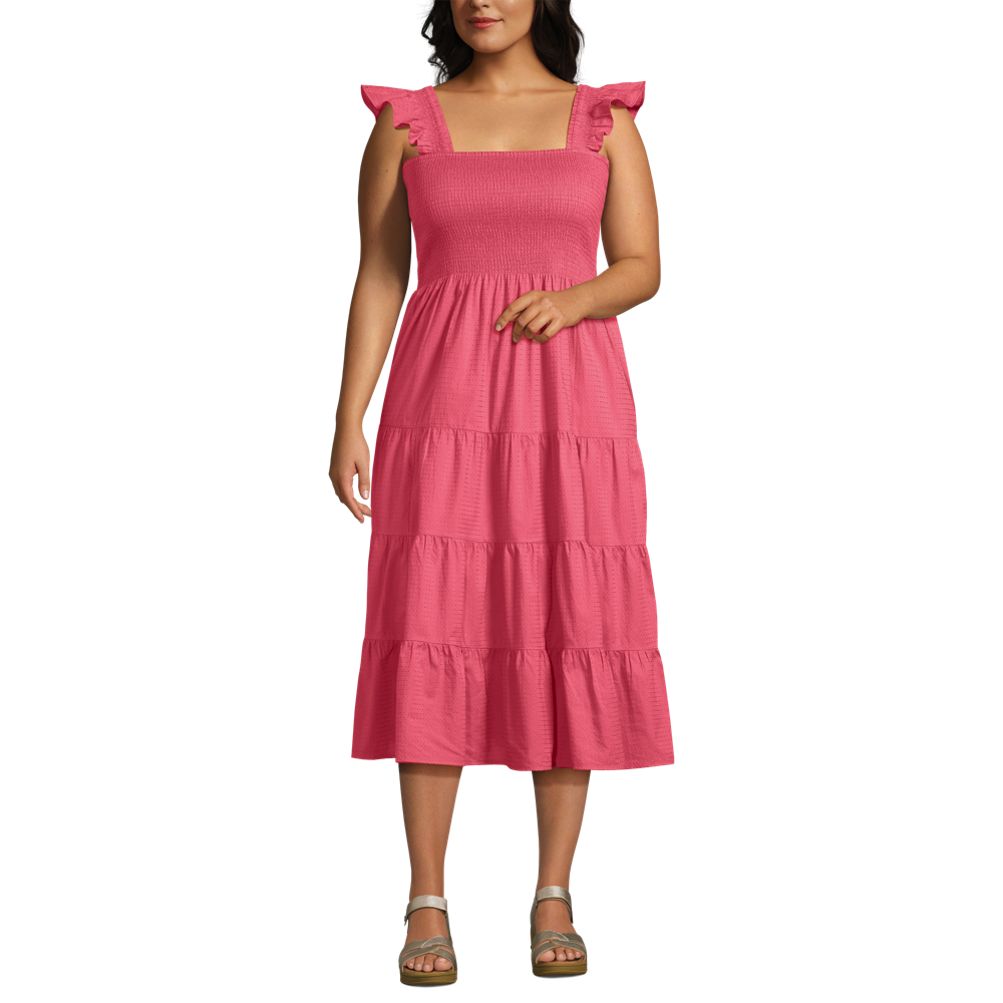 Women's Plus Size Cotton Dobby Smocked Dress with Ruffle