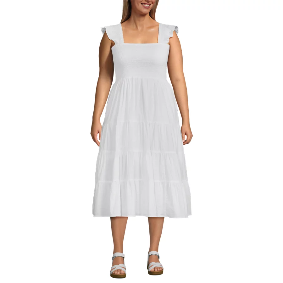 Women's Cotton Dobby Smocked Dress With Ruffle Straps view 3