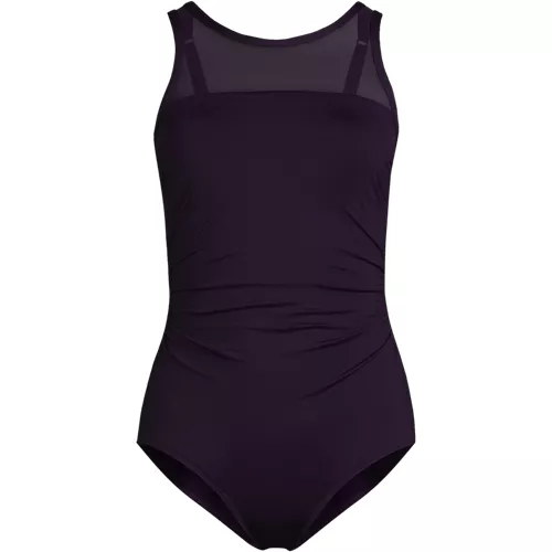 Women's Chlorine Resistant Smoothing Control Mesh High Neck One Piece Swimsuit, Front