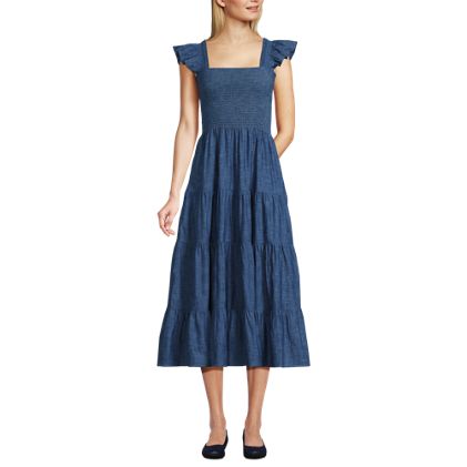 Women's Chambray Smocked Dress with Ruffle Straps - image 4
