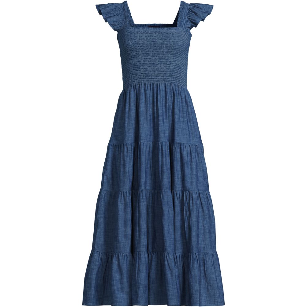Women's Plus Size Chambray Smocked Dress with Ruffle Straps | Lands' End
