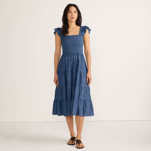 Women's Chambray Smocked Dress with Ruffle Straps, alternative image