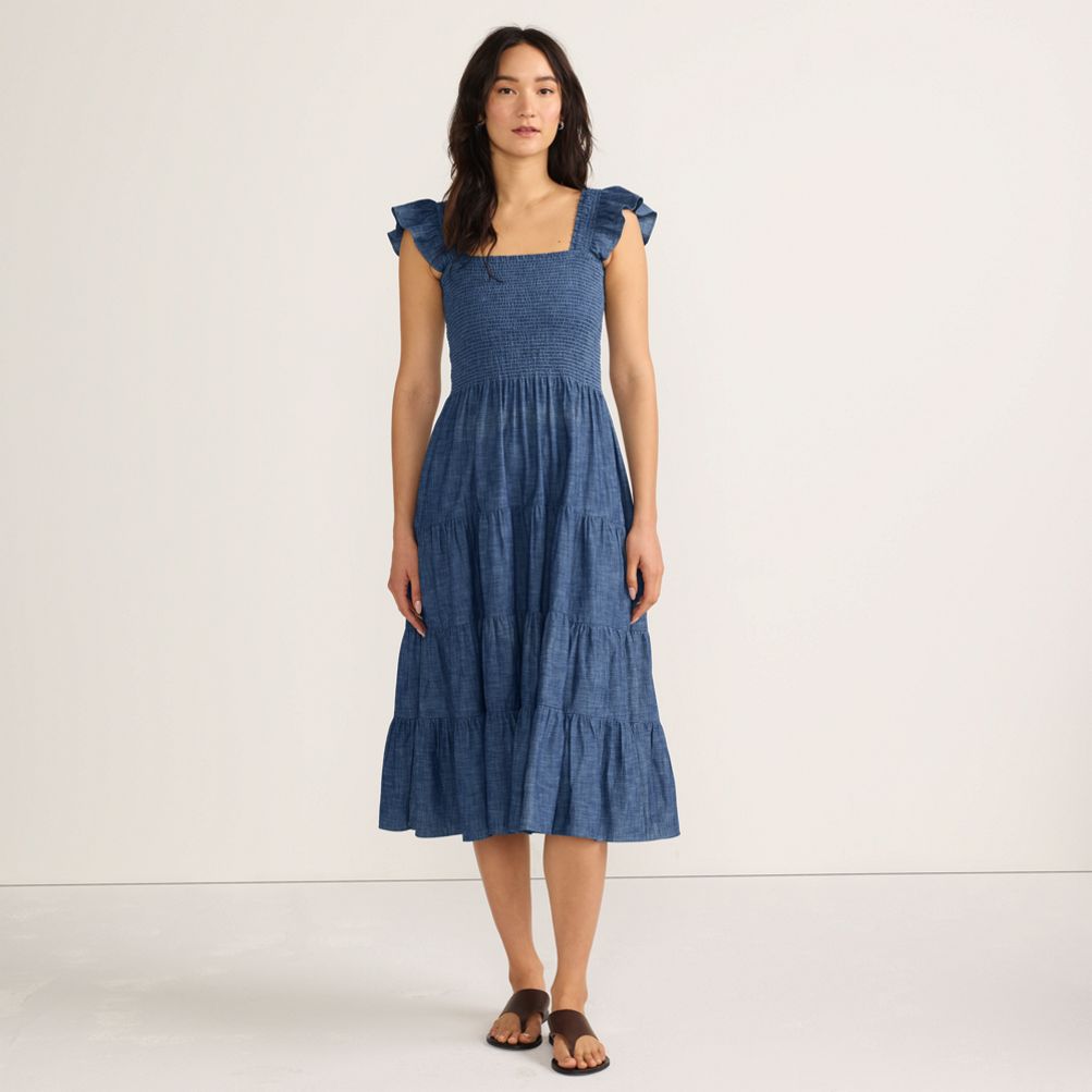 Women's Chambray Smocked Dress with Ruffle Straps