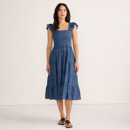 Women's Chambray Smocked Dress with Ruffle Straps - primary