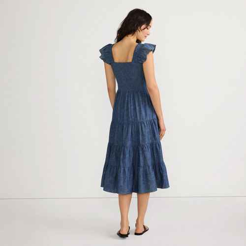 Women's Chambray Smocked Dress with Ruffle Straps, Back