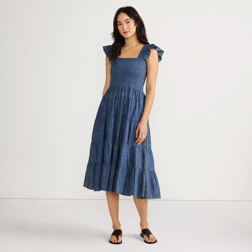 Women's Chambray Smocked Dress with Ruffle Straps, Front