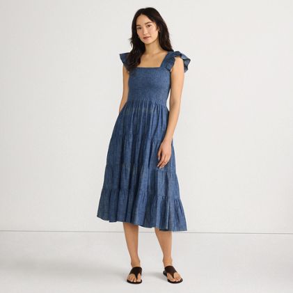 Women's Chambray Smocked Dress with Ruffle Straps - image 2