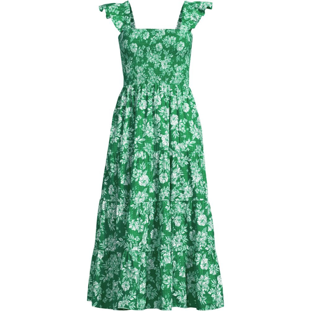 Women's Cotton Dobby Smocked Dress with Ruffle Straps | Lands' End