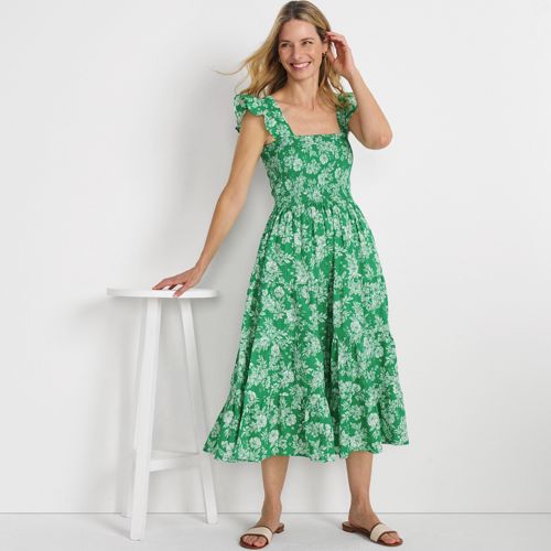 Women's Smocked Cotton Dobby Midi Puff Sleeve Dress | Lands' End