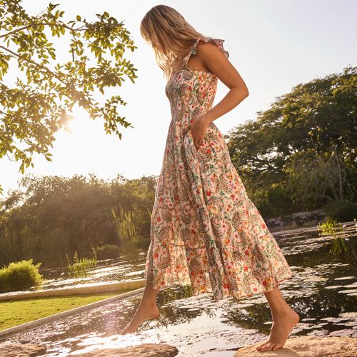 Vintage Rose Print Belted Maxi Dress Women's Summer 2023 New Design Sense  Waist Cinching Fashion Spaghetti Strap Dress