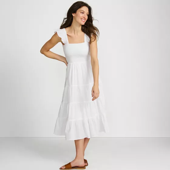 Women's Cotton Dobby Smocked Dress with Ruffle Straps - primary
