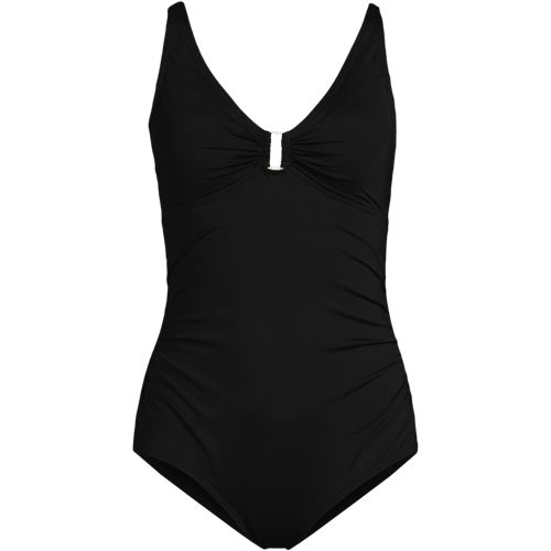  Lands' End Badeanzug Mit Ringdetail Und V-ausschnitt, Damen, Größe:34 Regular, Schwarz, Nylon-mischung, By Lands' End 