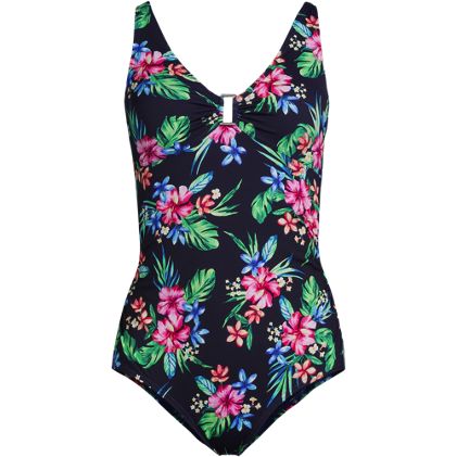 Women's Plus Size Chlorine Resistant Shirred V-neck One Piece Swimsuit - primary
