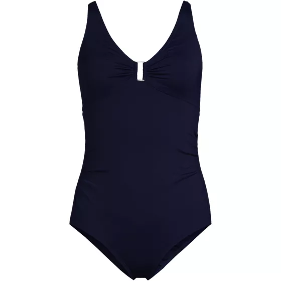 Women's Chlorine Resistant Shirred V-neck One Piece Swimsuit - primary