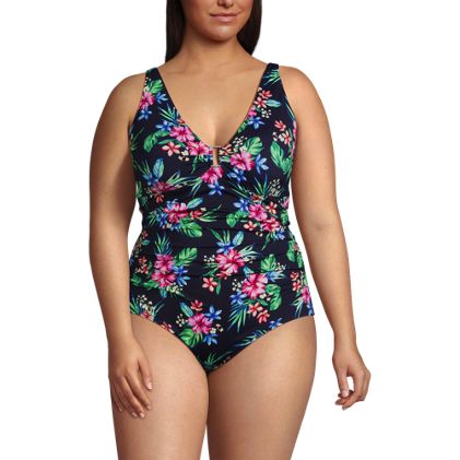 Women's Plus Size Chlorine Resistant Shirred V-neck One Piece Swimsuit - image 1