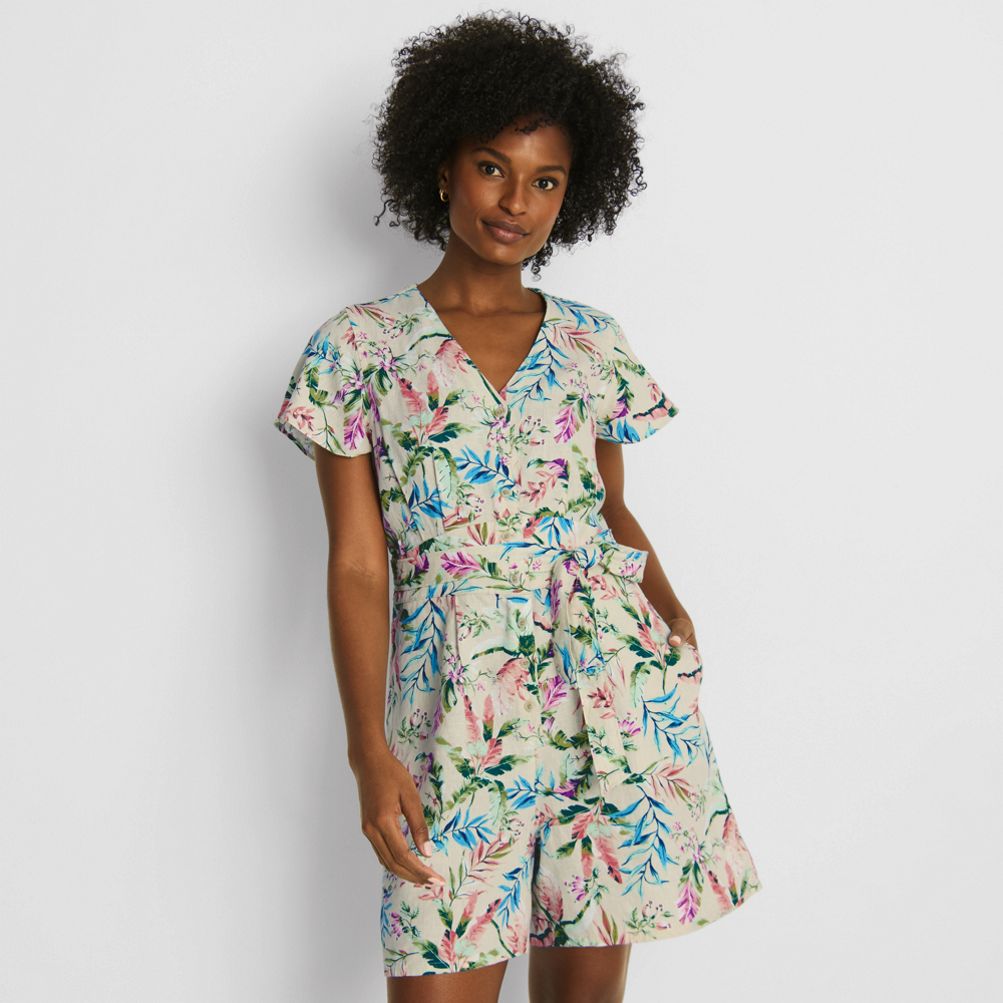 Women's Flutter Sleeve Linen Romper | Lands' End