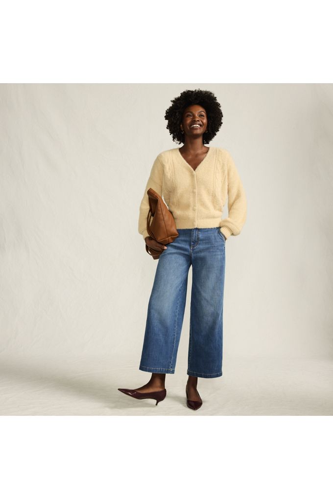 Lands' End Women's Petite Mid Rise Denim Wide Leg Ankle Jeans In Blue