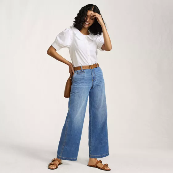 Women's Mid Rise Denim Wide Leg Ankle Jeans - primary