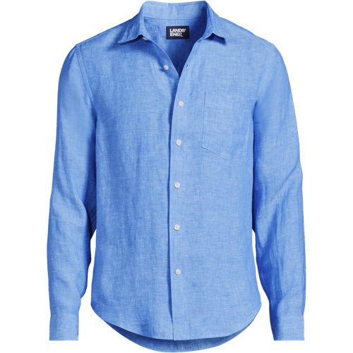 Premium Pure Linen Long Sleeve Shirt, Men, size: L, regular, Blue, Linen, by Lands' End