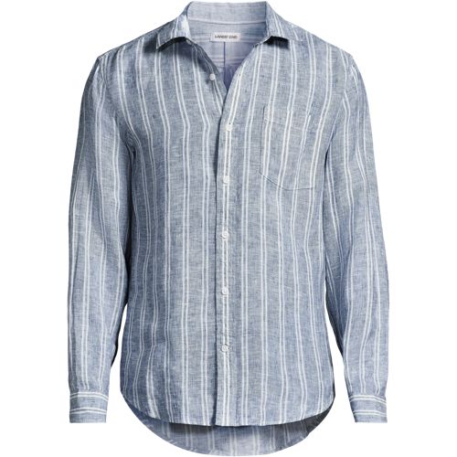 Premium Pure Linen Long Sleeve Shirt, Men, size: L, regular, Blue, Linen, by Lands' End