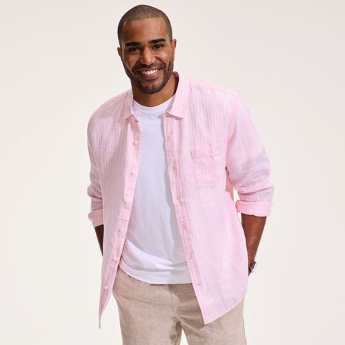 Premium Pure Linen Long Sleeve Shirt, Men, size: S, regular, Pink, Linen, by Lands' End