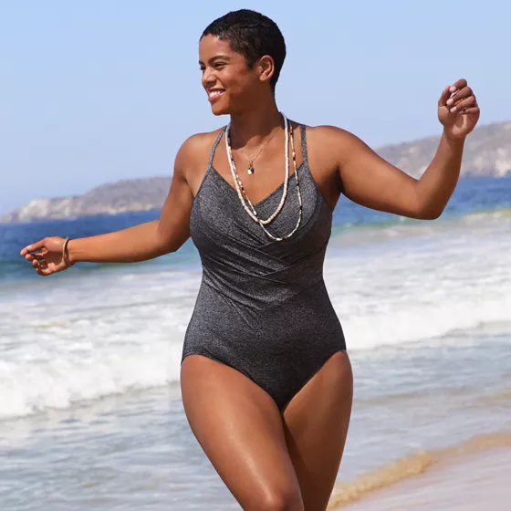 Women's SlenderSuit Shine Pleated Tummy Control Chlorine Resistant X-back One Piece Swimsuit - primary